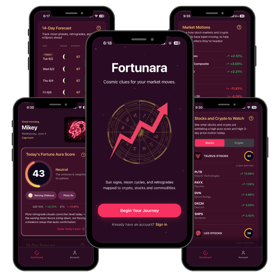 Fortunara app — three mobile screens
