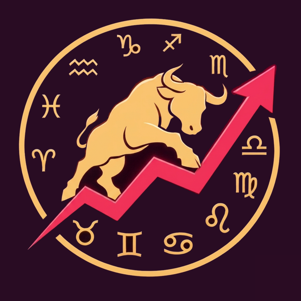 A golden bull charging up a rising red arrow inside a zodiac wheel